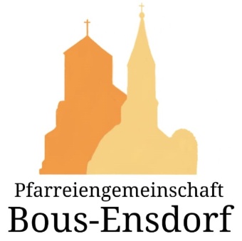 Man sieht zwei Scherenschnitte von Kirchen. Darunter der Text Pfarreiengemeinschaft Bous-Ensdorf