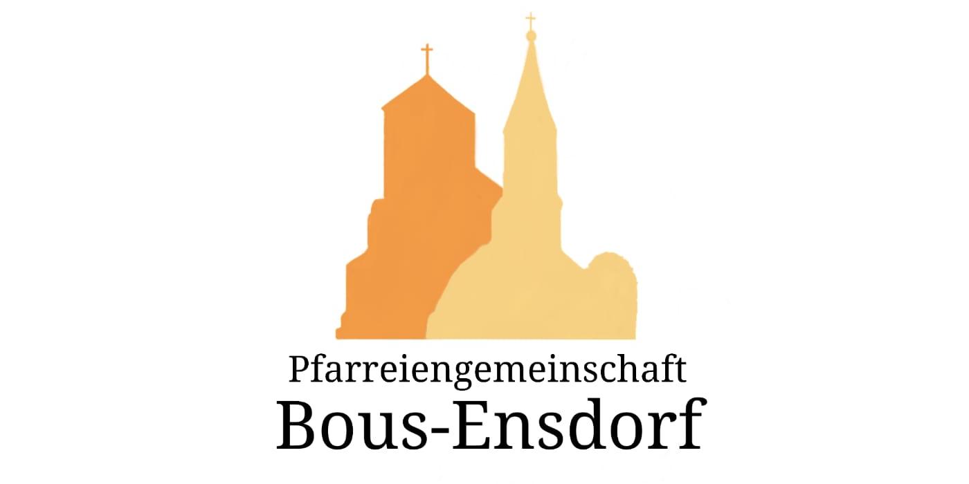 Man sieht zwei Scherenschnitte von Kirchen. Darunter der Text Pfarreiengemeinschaft Bous-Ensdorf