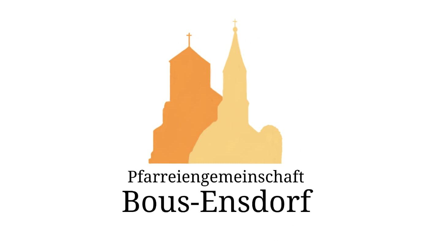 Man sieht zwei Scherenschnitte von Kirchen. Darunter der Text Pfarreiengemeinschaft Bous-Ensdorf